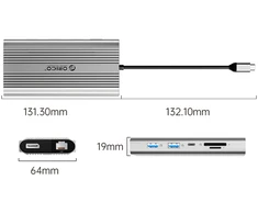 Orico XDR 12in1 USB-C Docking Station USB-A USB-C 2x HDMI 4K 60Hz DisplayPort 4K 60Hz RJ45 Gigabit PD 100W SD and Micro SD Card Reader - Sidabrinis