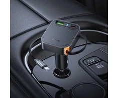 Automobilinis įkroviklis Hoco su ištraukiamu laidu 2 x USB C + USB A QC PD 65W NZ18 juodas