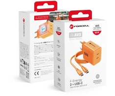 Telefono įkroviklis Forcell F-Energy GaN III Crystal Color 2x USB C AVS SSFC3.0 60W + silikoninis laidas USB C į USB C VT-60 oranžinis