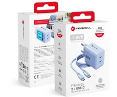 Phone charger Forcell F-Energy GaN III Crystal Color 2x USB C AVS SSFC3.0 60W + silicone cable USB C to USB C VT-60 mėlynas