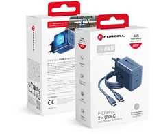 Telefono įkroviklis Forcell F-Energy GaN III Crystal Color 2x USB C AVS SSFC3.0 60W + silikoninis laidas USB C į USB C VT-60 tamsi mėlynas