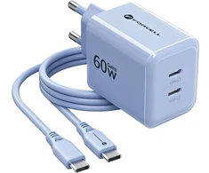 Phone charger Forcell F-Energy GaN III Crystal Color 2x USB C AVS SSFC3.0 60W + silicone cable USB C to USB C VT-60 mėlynas