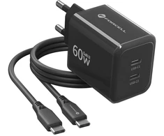 Phone charger Forcell F-Energy GaN III Crystal Color 2x USB C AVS SSFC3.0 60W + silikoninis laidas USB C į USB C VT-60 juodas