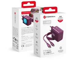 Telefono įkroviklis Forcell F-Energy GaN III Crystal Color 2x USB C AVS SSFC3.0 60W + silikoninis laidas USB C į USB C VT-60 bordo