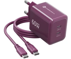 Telefono įkroviklis Forcell F-Energy GaN III Crystal Color 2x USB C AVS SSFC3.0 60W + silikoninis laidas USB C į USB C VT-60 bordo