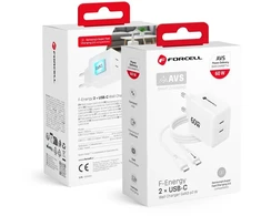 Telefono įkroviklis Forcell F-Energy GaN III Crystal Color 2x USB C AVS SSFC3.0 60W + silikoninis laidas USB C į USB C VT-60 baltas