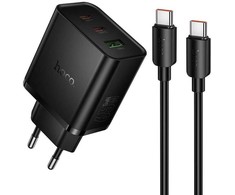 Telefono įkroviklis Hoco 2x USB C + USB A QC3.0 PD 3A 65W + duomenų kabelis USB C į USB C N75 juodas