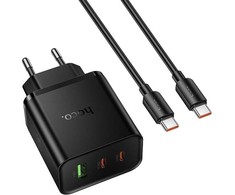 Telefono įkroviklis Hoco 2x USB C + USB A QC3.0 PD 3A 65W + duomenų kabelis USB C į USB C N75 juodas