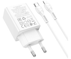 Phone charger Hoco USB A + USB C QC3.0 PD AFC 3A 30W + cable USB C to USB C N71 baltas