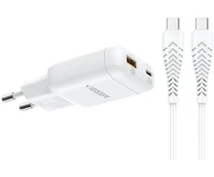 Telefono įkroviklis USB A + C tipo PD 45W + duomenų kabelis C tipo į C tipo 100W VEGER TR121 baltas