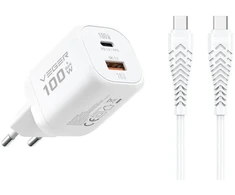 Phone charger VEGER USB A + Type C PD Super Charge PPS 100W + data cable Type C to C 240W TR150 baltas