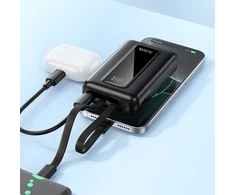 Powerbank 10000 mAh QC PD 22,5W with built-in cables USB C+ Lightning Hoco J162 juodas