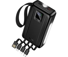 Powerbank 20000 mAh QC PD 22,5W with built-in cables USB A + USB C+ Lightning + Micro USB and two lights Hoco J173 juodas