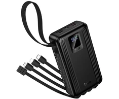 Powerbank 20000 mAh QC PD 22,5W with built-in cables USB A + USB C+ Lightning + Micro USB and two lights Hoco J173 juodas