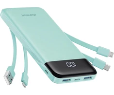 Nešiojamoji baterija 5V 3A 10000 mAh su integruotais laidais USB A / USB C / Lightning / Micro USB Charmast W1148 žalias