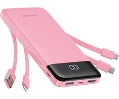 Nešiojamoji baterija 5V 3A 10000 mAh su integruotais laidais USB A / USB C / Lightning / Micro USB Charmast W1148 rožinė