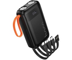 Powerbank Hoco 10000 mAh 2A with built-in cables USB A + USB C+ Lightning + Micro USB and double light J151 juodas