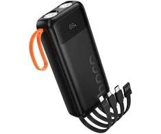 Powerbank Hoco 20000 mAh 2A with built-in cables USB A + USB C+ Lightning + Micro USB and double light J151A juodas
