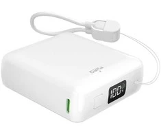 Puro 10000mAh 20W USB-C USB-A išorinė baterija su ekranu ir integruotu USB-C laidu - Baltas