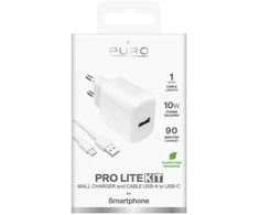 Puro PROLITE 10W USB-A sieninis įkroviklis + USB-A - USB-C kabelis 1.2m - baltos spalvos