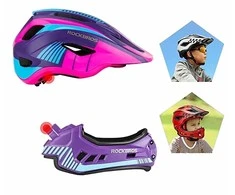 Rockbros TT-32SBPP-M vaikiškas dviračio šalmas su nuimamu smakro apsaugos lankeliu, dydis M – violetinė-rožinė