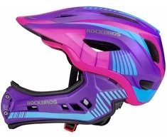 Rockbros TT-32SBPP-M children's bicycle helmet with removable chinbar, dydis M – violetinė-pink