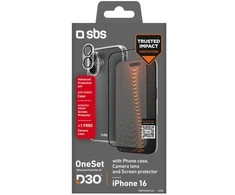 SBS rinkinys su D3O technologija, skirtas „iPhone 16“ – dėklas + stiklinė ekrano ir kameros apsauga – skaidrus