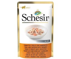 SCHESIR Tunas ir vištiena su krevetėmis drebučiuose - šlapias kačių ėdalas - 85 g