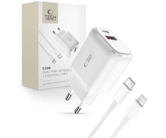 Tech-Protect C20W USB-C PD 20W / USB-A QC 3.0 įkroviklis su USB-C / Lightning kabeliu – baltas