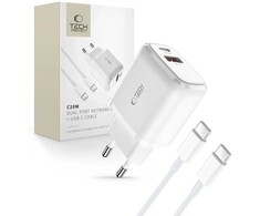 Tech-Protect C20W USB-C PD 20W / USB-A QC 3.0 įkroviklis su USB-C / USB-C laidu – baltas