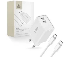 Tech-Protect C35W 2x USB-C PD 35W įkroviklis su USB-C / USB-C laidu - baltas