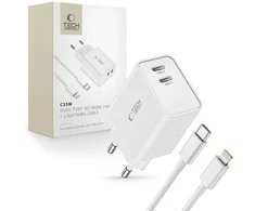 Tech-Protect C35W 2x USB-C PD 35W sieninis įkroviklis su USB-C / Lightning kabeliu – baltas