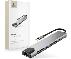 Tech-Protect HB09 USB hub 8in1 TYPE-C + USB-A 3.0 + USB-C 3.0 + HDMI 4K 60HZ + SD/TF + PD100W + RJ45 1000 MB/S - pilka