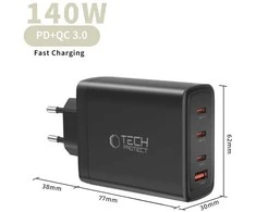 Tech-Protect NC140W-GAN 4-Port laidinis įkroviklis PD 140W / QC3.0 juodos spalvos