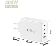 Tech-Protect NC200W-GAN 4-port laidinis įkroviklis PD 200W / QC3.0 baltos spalvos