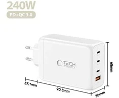 Tech-Protect NC240W-GAN 4-port laidinis įkroviklis PD 240W / QC3.0 baltos spalvos