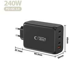 Tech-Protect NC240W-GAN 4-port laidinis įkroviklis PD 240W / QC3.0 juodos spalvos
