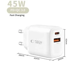 Tech-Protect NCA45W-GAN 2-PORT laidinis įkroviklis PD 45W / QC3.0 + TYPE-C kabelis baltos spalvos