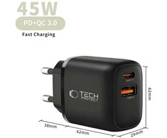 Tech-Protect NCA45W-GAN 2-Port laidinis įkroviklis PD 45W / QC3.0 juodos spalvos