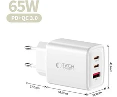 Tech-Protect NCA65W-GAN 3 prievadų tinklo įkroviklis PD 65W / QC3.0 Baltas