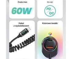USAMS automobilinis įkroviklis C37 1xUSB+1xUSB-C 60W + kabelis Ligtning 30W PD+QC Fast Charge juodos spalvos CC193CC01 (US-CC193)