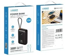 Powerbank Veger K3 (W3018) PD QC3.0 35W 30000 mAh with built-in Type C cables / Lightning juodas