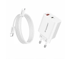 Wozinsky WLS-20W 20W USB-A USB-C Wall Charger with 1m USB-C - USB-C Cable - Baltas
