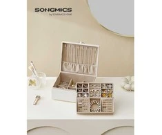 Songmics 2 lygių papuošalų dėžutė su rankena ir lanksčia juvelyrinių dirbinių dėže balta