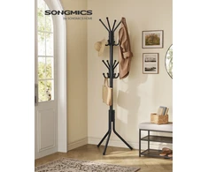 SONGMICS drabužių kabykla, metalinis drabužių stovas, laisvai stovintis drabužių, rankinių, skrybėlių laikiklis, 175 cm aukščio, 16 kabliukų, skirtas prieškambariui, svetainei, miegamajam, juodos spalvos