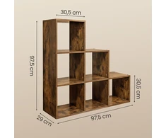 VASAGLE knygų lentyna, laiptinė lentyna su 6 skyreliais, 6 kubeliai, medinė ekspozicinė lentyna, laisvai stovinti lentyna, kambario pertvara, 97,5 x 97,5 x 29 cm, balta (Ekspozicinė prekė)