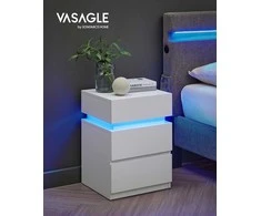 Songmics VASAGLE Naktinis staliukas, 2 vnt. rinkinys su LED apšvietimu ir 3 stalčiais, baltas