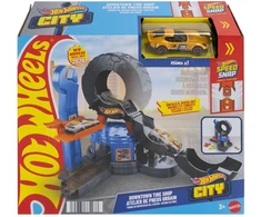 Hot Wheels City dirbtuvės ištiesiama padanga – automobilio trasa + transporto priemonė