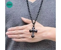 Obsidiano karoliai su kryžiaus pakabuku