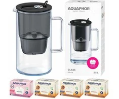 Aquaphor Glass 2,5 l stiklinis filtravimo ąsotis + 4 Maxfor (1Mg+3 H) filtrai, juodos spalvos